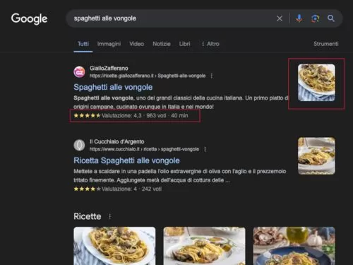 Esempio di una serp di Google dove cercando spaghetti alle vongole sono presenti features derivanti dai dati strutturati