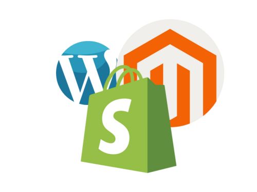 Loghi dei principali CMS: WordPress, Shopify e Magento