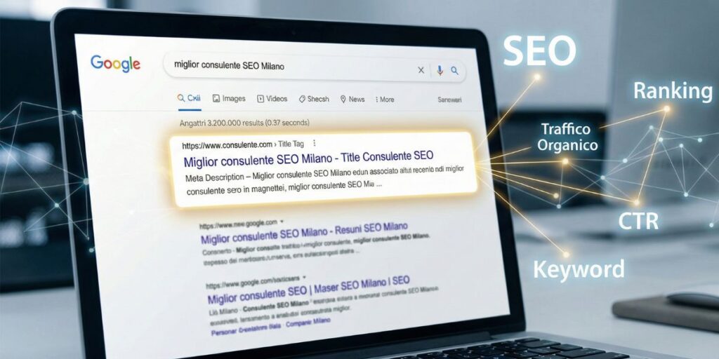 Questa immagine visualizza l'obiettivo primario della SEO: apparire tra i primi risultati della pagina di ricerca. Mostra una schermata dei risultati di Google (SERP) con un risultato evidenziato in prima posizione, circondato dai concetti chiave come "SEO", "Ranking" e "Traffico Organico", trasmettendo l'idea di successo e visibilità.