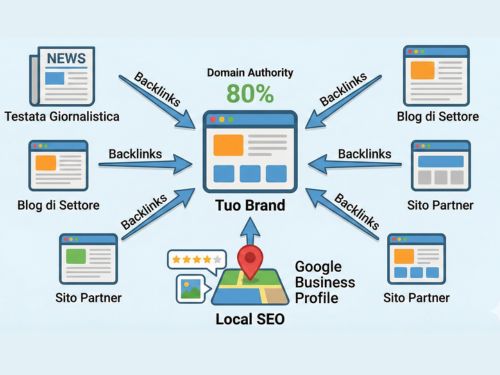 La Rete di Autorevolezza: SEO Off-Page e Local Questa immagine rappresenta la costruzione dell'autorevolezza e la presenza locale. Mostra un sito centrale connesso tramite "backlink" ad altri siti autorevoli (giornali, blog) e a una mappa locale con un puntatore (Google Business Profile), visualizzando la rete di relazioni e la presenza sul territorio.