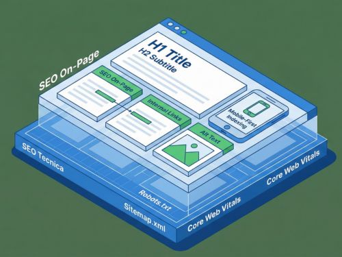 L'Architettura Interna: SEO On-Page e Tecnica Questa immagine si focalizza sull'ottimizzazione interna del sito. Utilizza una metafora visiva: un sito web rappresentato come una struttura architettonica trasparente, dove si vedono le fondamenta tecniche (Sitemap, Core Web Vitals) e gli elementi di contenuto (H1, H2, Link Interni), illustrando il lavoro "dietro le quinte".