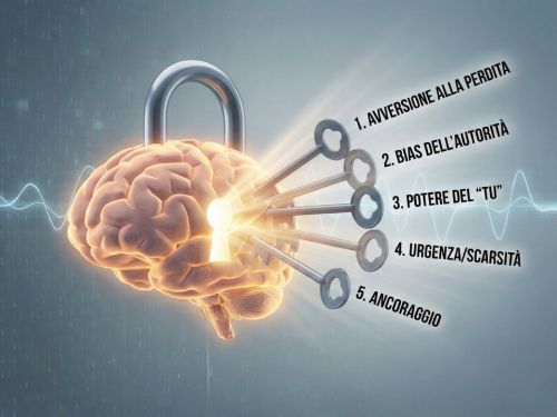 Le 5 Chiavi Psicologiche: Trigger per il Click Il lucchetto a forma di cervello e le cinque chiavi psicologiche sono ora al centro di uno sfondo digitale espanso, che riempie l'intero formato orizzontale con flussi di dati e onde cerebrali.