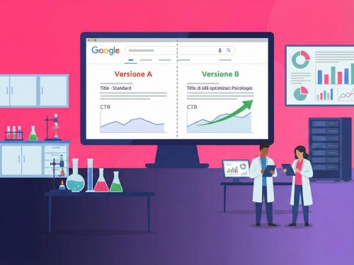 L'A/B Testing: Il Laboratorio della SERP Il laboratorio digitale è stato ampliato per adattarsi al nuovo formato. Oltre al monitor centrale con il test A/B e ai due scienziati, sono stati aggiunti nuovi elementi come banchi di lavoro, server e grafici alle pareti per riempire lo spazio orizzontale.