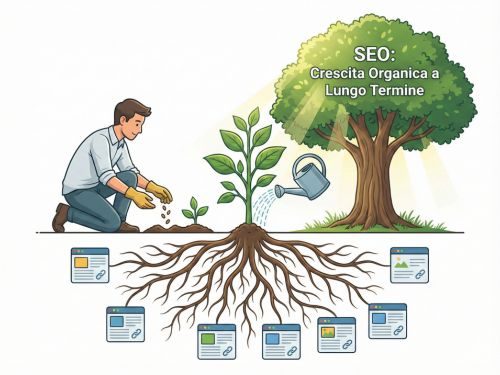 Un'immagine metaforica che rappresenta la SEO come un processo di coltivazione organica, che richiede tempo e cura per produrre una crescita solida e duratura.