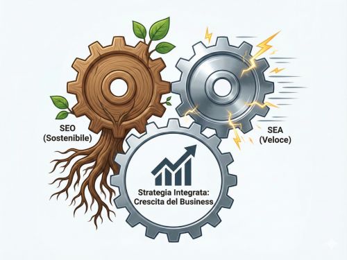 Differenza tra SEO e SEM: facciamo chiarezza 4 L'ultima immagine rappresenta la sinergia tra le due strategie, mostrando come un approccio integrato, che combina la sostenibilità della SEO con la velocità della SEA, porti a una crescita del business più efficace.