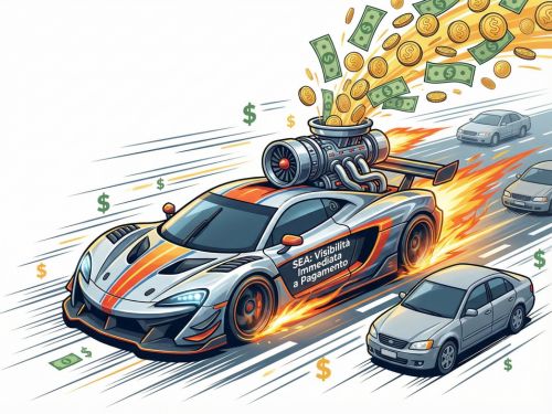 Differenza tra SEO e SEM: facciamo chiarezza 3 Questa illustrazione dinamica visualizza la SEA come un'accelerazione immediata e potente, alimentata dall'investimento economico, in grado di dare una spinta rapida alla visibilità.