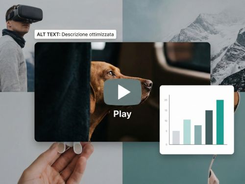 Elementi Multimediali (Sinergia dei Contenuti) Arricchimento e Integrazione. Un collage dinamico che mostra come diversi tipi di media (video, immagini, grafici, testo) lavorino insieme per creare un'esperienza utente più ricca.
