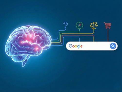 Keyword Research e l'Intento di Ricerca Connessione Mente-Macchina. Visualizza il legame tra il pensiero umano (il cervello) e l'azione di ricerca (la barra di Google), utilizzando icone intuitive per i diversi intenti.