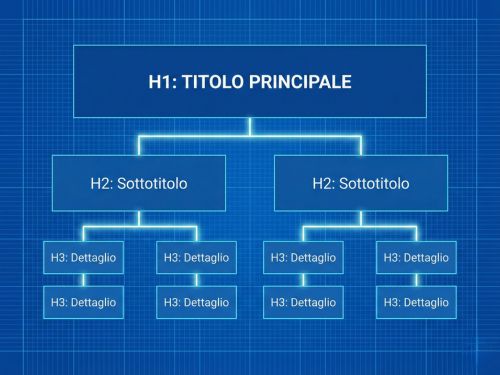 La Struttura Gerarchica (H1, H2, H3) Architettura dell'Informazione. Usa la metafora di un progetto (blueprint) per comunicare solidità, ordine e la chiara gerarchia dei tag di intestazione.