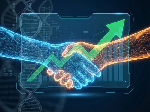 La Partnership con l'Agenzia Fiducia e Risultati. Una metafora potente che combina una stretta di mano olografica (partnership), un grafico di crescita e un elemento DNA (expertise) per rappresentare il successo condiviso.