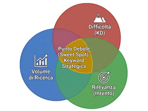 L'Analisi Strategica: Il Punto Debole Questa immagine si concentra sulla Fase 3, visualizzando i tre fattori chiave (Volume, Difficoltà, Rilevanza) come cerchi intersecanti in un diagramma di Venn. Il "punto debole" (sweet spot) è evidenziato nell'intersezione centrale, rappresentando la scelta strategica delle keyword.