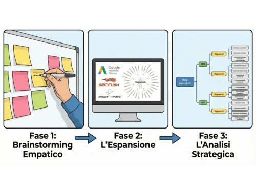 Il Metodo in 3 Fasi: Dalle Idee alla Mappa Questa immagine illustra il processo in tre fasi. Una prima immagine mostra un brainstorming con post-it, una seconda mostra strumenti SEO digitali e una terza una mappa strategica con parole chiave organizzate, rappresentando il percorso dalle idee grezze alla strategia.