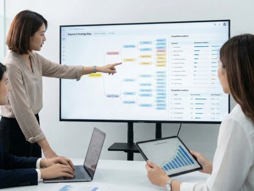 Oltre la Teoria: Il Ruolo dell'Agenzia Quest'ultima immagine rappresenta il valore aggiunto di un'agenzia. Mostra un team di professionisti che lavora su schermi multipli con dati complessi, collaborando e indicando una strategia di crescita, simboleggiando l'expertise e l'approccio olistico.