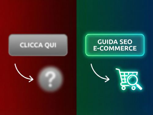Internal Linking, la strategia SEO per distribuire potere e dominare il ranking 2 Confronto visivo a due pannelli: a sinistra un pulsante generico e sfocato "CLICCA QUI" porta a un'incognita; a destra un pulsante chiaro e descrittivo "GUIDA SEO E-COMMERCE" porta a una destinazione chiara e pertinente.