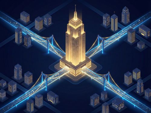 Internal Linking, la strategia SEO per distribuire potere e dominare il ranking 1 Visualizzazione isometrica di una metropoli digitale dove grattacieli luminosi sono collegati da ponti di luce che trasportano flussi di energia, rappresentando la connessione tra pagine web e la distribuzione dell'autorevolezza.