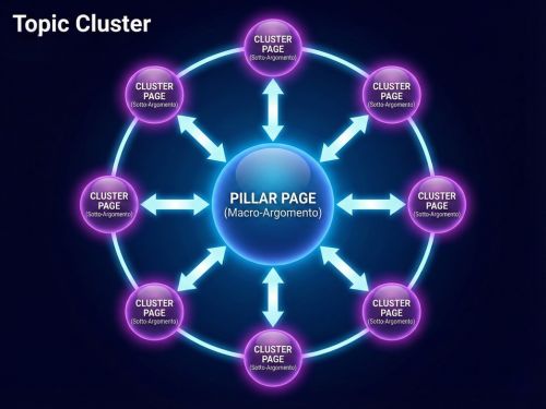Internal Linking, la strategia SEO per distribuire potere e dominare il ranking 3 Diagramma del modello Topic Cluster che mostra una grande sfera centrale "PILLAR PAGE" collegata da flussi di luce bidirezionali a diverse sfere più piccole "CLUSTER PAGE" circostanti, formando un ecosistema di contenuti interconnessi.