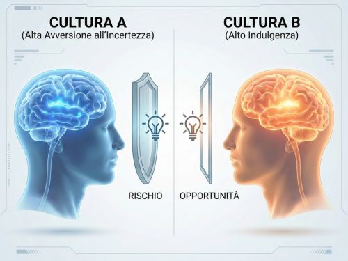 Neuro-localization: perché tradurre le keyword non basta per vincere all'estero 1 Grafico a due pannelli che mostra due cervelli umani che elaborano lo stesso stimolo in modo diverso a causa di "filtri culturali" opposti: uno lo percepisce con cautela (rischio), l'altro con apertura (ricompensa).