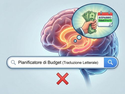 Neuro-localization: perché tradurre le keyword non basta per vincere all'estero 2 Illustrazione che mostra una barra di ricerca con una traduzione letterale fallita ("Pianificatore di Budget"), contrastata da un'immagine nel cervello dell'utente che mostra il vero desiderio emotivo di risparmio immediato e sicurezza.
