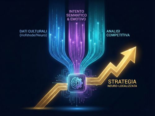 Neuro-localization: perché tradurre le keyword non basta per vincere all'estero 3 Visualizzazione olografica di un processo strategico dove tre flussi di dati (Culturali, Semantici, Competitivi) convergono in un nucleo analitico per generare una strategia di crescita neuro-localizzata.