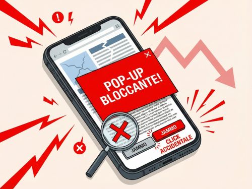 Guida alla SEO per mobile: ottimizza per la maggior parte dei tuoi utenti 3 Illustrazione di uno smartphone con lo schermo bloccato da un grande pop-up intrusivo rosso, testo illeggibile e pulsanti troppo vicini, simboleggiando gli errori tecnici che danneggiano il ranking.