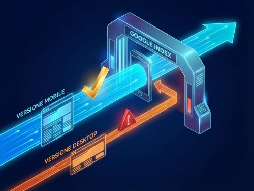 Guida alla SEO per mobile: ottimizza per la maggior parte dei tuoi utenti 1 Diagramma olografico che mostra un flusso di dati "Versione Mobile" che passa facilmente attraverso lo scanner dell'indice di Google, mentre il flusso "Versione Desktop" viene bloccato o rallentato.