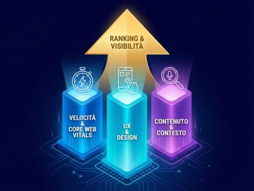 Guida alla SEO per mobile: ottimizza per la maggior parte dei tuoi utenti 2 Infografica con tre pilastri luminosi interconnessi (Velocità, UX, Contenuto) che sostengono una freccia dorata verso l'alto etichettata "Ranking & Visibilità".