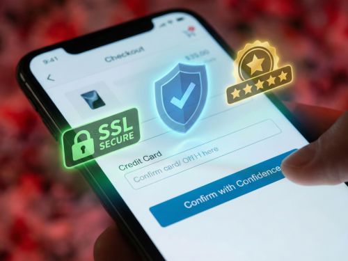 The pain of paying: la neuroscienza dietro il carrello abbandonato 3 Primo piano di una schermata di checkout su smartphone dove il campo della carta di credito è circondato da icone olografiche luminose di sicurezza (lucchetto SSL, scudo di verifica, stelle di recensione) che creano un'aura di protezione blu e verde.