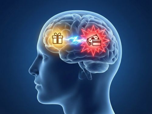 The pain of paying: la neuroscienza dietro il carrello abbandonato 1 Infografica che mostra una silhouette umana con il cervello diviso in due aree luminose in conflitto: una luce dorata con un pacco regalo (ricompensa) e una luce rossa intensa con denaro e carta di credito (dolore del pagamento).