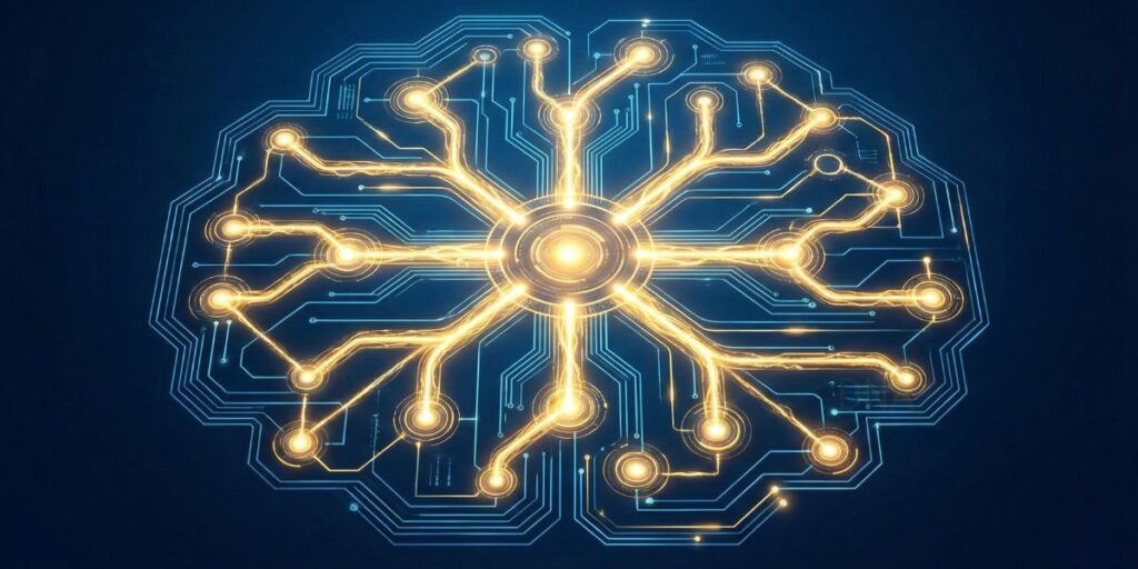Internal Linking, la strategia SEO per distribuire potere e dominare il ranking 19 Illustrazione concettuale di una rete digitale complessa dove un hub centrale luminoso distribuisce flussi di energia dorata attraverso connessioni strategiche a nodi più piccoli, simboleggiando l'internal linking e la distribuzione dell'autorevolezza.