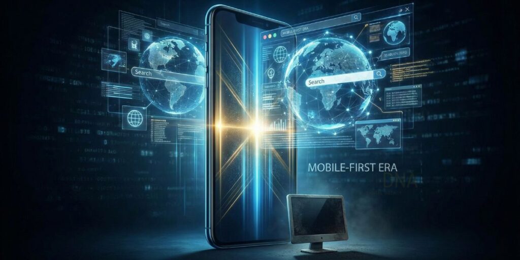 Guida alla SEO per mobile: ottimizza per la maggior parte dei tuoi utenti 23 Illustrazione concettuale che mostra uno smartphone gigante che proietta un ologramma dell'intero internet globale, mentre un minuscolo computer desktop obsoleto giace nell'ombra, simboleggiando l'era mobile-first.