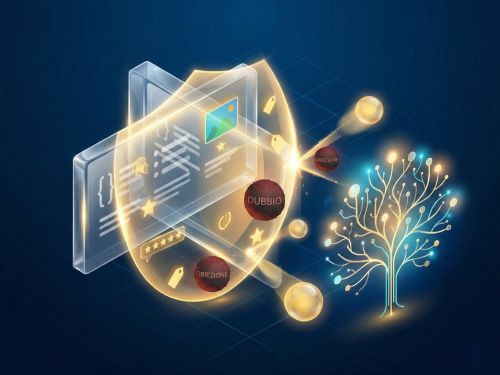 Il bias di autorità e la posizione zero: perché il cervello si fida dei featured snippet (e come conquistarli) 3 Un risultato di ricerca moderno protetto da uno scudo luminoso alimentato da Dati Strutturati (stelle, prezzi) che deflette sfere labeled "DUBBIO" e le trasforma in oro, accanto a una struttura ad albero digitale luminosa che rappresenta il box "People Also Ask" (PAA), con percorsi di risposte coerenti che si espandono.