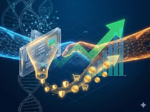 Il bias di autorità e la posizione zero: perché il cervello si fida dei featured snippet (e come conquistarli) 5 Un'interfaccia olografica complessa che mostra un Featured Snippet (imbuto funnel di image_20.png) funzionante come un imbuto di conversione: dati grezzi entrano, si trasformano in icone di fiducia dorate ed emergono come icone di vendita (monete e carrelli) che alimentano un grafico di conversione a barre in crescita con una grande freccia verde di autorità.