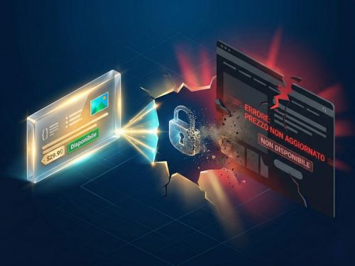 I dati strutturati nell'era dell'IA: perché il testo semplice non basta più 3 Un'immagine che rappresenta una frattura digitale e dissonanza cognitiva. A sinistra, un'icona di un rich snippet perfetto e luminoso con prezzo basso e "Disponibile"; un ponte di luce (come image_36.png) da esso si interrompe. A destra, una pagina prodotto e-commerce buia con testo rosso lampeggiante "ERRORE: PREZZO NON AGGIORNATO" e "NON DISPONIBILE". Un lucchetto (la Fiducia da image_21.png) si sgretola in polvere digitale nel vuoto.