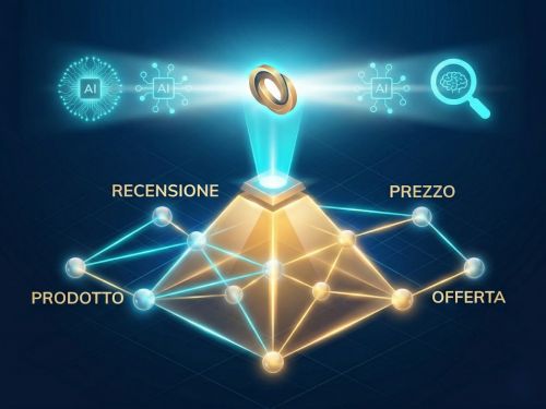 I dati strutturati nell'era dell'IA: perché il testo semplice non basta più 4 Un dashboard e-commerce futuristico visto in prospettiva che mostra una mappa semantica (come image_34.png): nodi luminosi labeled "PRODOTTO", "RECENSIONE", "PREZZO", "OFFERTA" (come markup Schema.org) sono collegati da linee di luce coerenti che formano una solida piramide (come image_34.png). Dalla cima, un faro ciano proietta il logo Möbius (da image_21.png) verso un orizzonte digitale di IA e ricerca generativa.