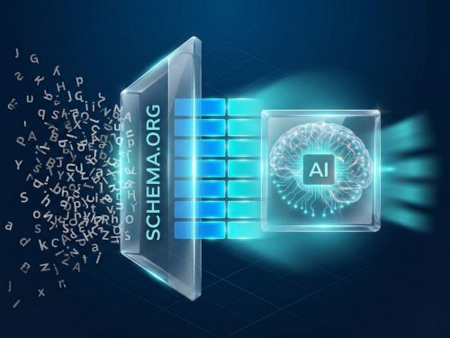 I dati strutturati nell'era dell'IA: perché il testo semplice non basta più 1 Un primo piano di un processore IA olografico (come image_20.png) che mostra la fluenza cognitiva. Flussi di testo disordinato (da image_34.png) entrano da sinistra e scontrano una barriera semitrasparente labeled "SCHEMA.ORG", che lo riorganizza istantaneamente in blocchi geometrici perfetti e luminosi (blu e ciano da image_34.png) che scorrono fluidamente nel processore senza attrito.