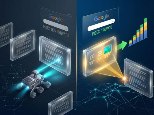 Sitemap.xml e Robots.txt: come guidare l'attenzione di Google e smettere di sprecare budget 1 Un primo piano stretto di un robot crawler IA olografico (come image_20.png) che scansiona in prima persona un paesaggio web buio e confuso. I suoi fari luminosi (da image_20.png) si scontrano con blocchi di "testo semplice" generico e grigio (da image_34.png), che formano barriere e labirinti. Su uno schermo Google olografico (from image_20.png) viene visualizzata la scritta "INDEX: NON TROVATO". Solo sullo sfondo lontano, un flash d'oro sbiadito segnala un contenuto premium non raggiunto. Trasmette frustrazione e spreco.