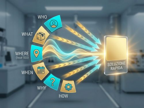 Neuro-linguistica e voice search: perché il tuo e-commerce deve imparare ad ascoltare 2 Un segnale sonoro vocale dissezionato in 3D. I vari segmenti sono categorizzati con icone geometriche e colori distinti: Who, What, Where, When, Why, How. Frecce energetiche ciano e oro convergono perfettamente verso una solida scheda prodotto e-commerce radiosa,labeled "SOLUZIONE RAPIDA".