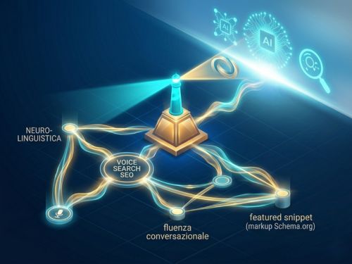 Neuro-linguistica e voice search: perché il tuo e-commerce deve imparare ad ascoltare 3 Un dashboard e-commerce futuristico e pulito visto in prospettiva. Mostra una mappa semantica alimentata da nodi luminosi etichettati "NEURO-LINGUISTICA", "VOICE SEARCH SEO", "fluenza conversazionale", "featured snippet". Dalla cima della piramide dati, un faro ciano proietta il logo Möbius (la doppia elica) verso un orizzonte digitale luminoso dominato da icone di IA e ricerca generativa.