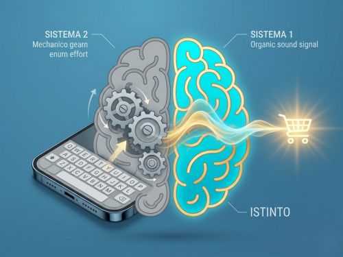Neuro-linguistica e voice search: perché il tuo e-commerce deve imparare ad ascoltare 1 cervello umano stilizzato e diviso. Il lato sinistro (Sistema 2) è grigio, meccanico, con ingranaggi che ruotano faticosamente intorno a una tastiera. Il lato destro (Sistema 1) è luminoso, ciano e oro, con un segnale sonoro organico che fluisce fluidamente,labeled "ISTINTO." Una linea energetica dorata connette direttamente il Sistema 1 a un'icona e-commerce radiosa, bypassando lo sforzo cognitivo.