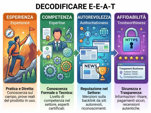 Infografica che decodifica i 4 pilastri del framework E-E-A-T: Esperienza pratica sul campo, Competenza formale, Autorevolezza tramite menzioni e Affidabilità basata su sicurezza e trasparenza.