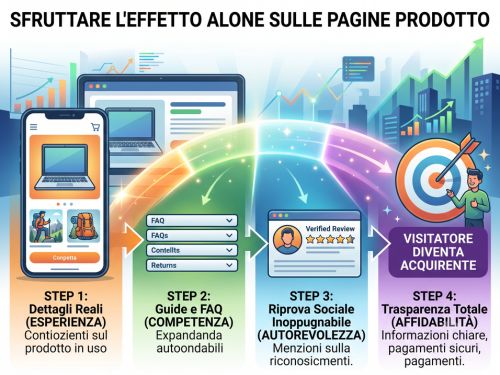 E-E-A-T ed effetto alone: la scienza della fiducia 2 Schema in 4 step per sfruttare l'Effetto Alone e il framework E-E-A-T sulle pagine prodotto: dai dettagli reali e FAQ, fino alla riprova sociale per trasformare il visitatore in acquirente.